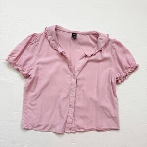Shein Pink Ruffle Trim Button Front Crop Blouse, Size Small